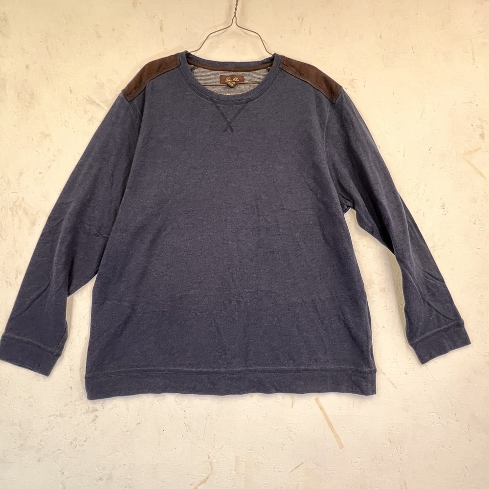 Tasso Elba Mens XL‎ Navy Blue Pullover Suede Shoulder Patch Long Sleeve Crewneck